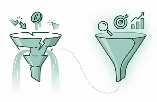 Illustration contrasting a leaking traffic funnel with a conversion-ready growth funnel