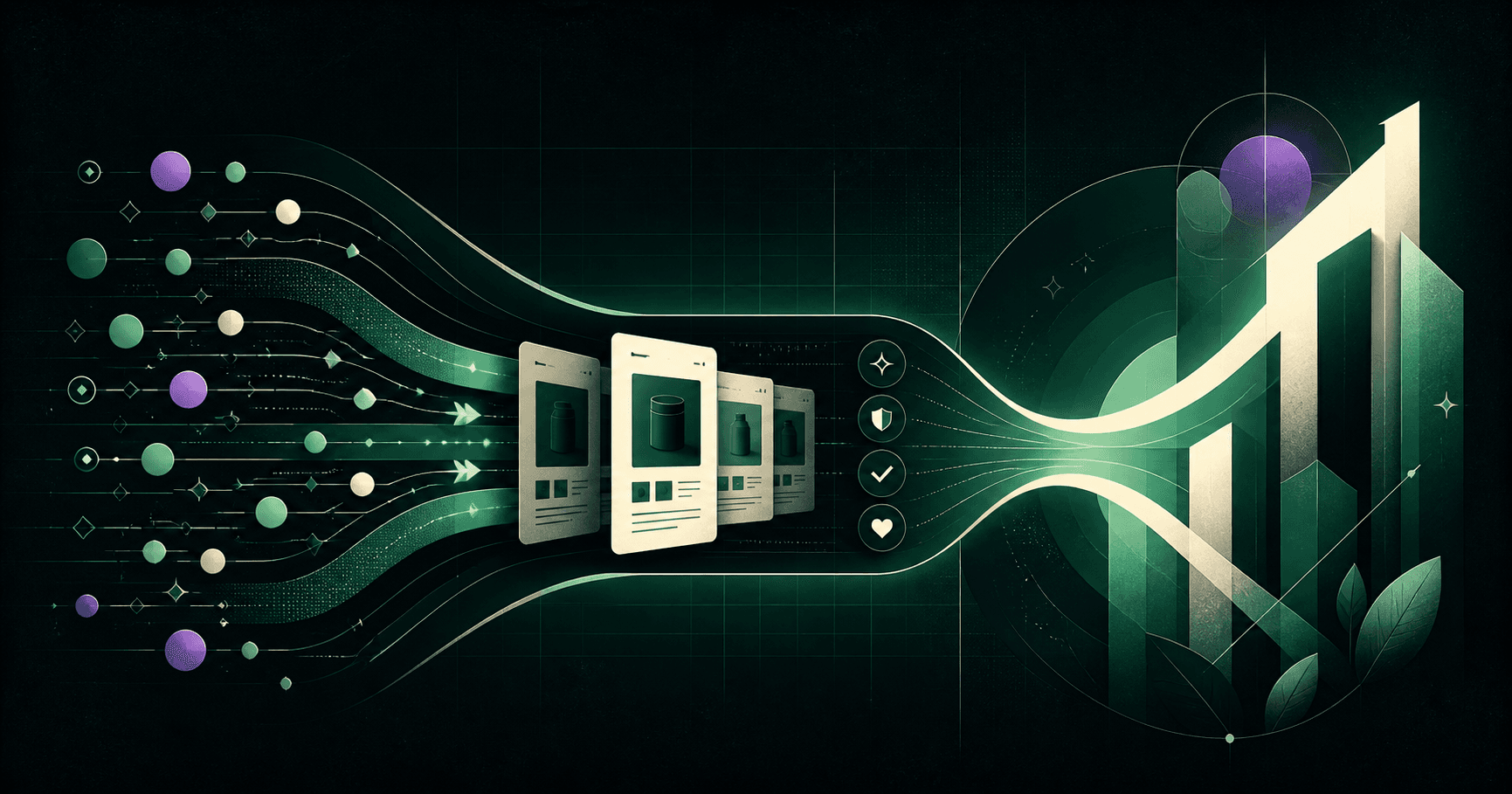 Abstract pathways showing qualified marketplace traffic moving through a conversion system into sustainable growth